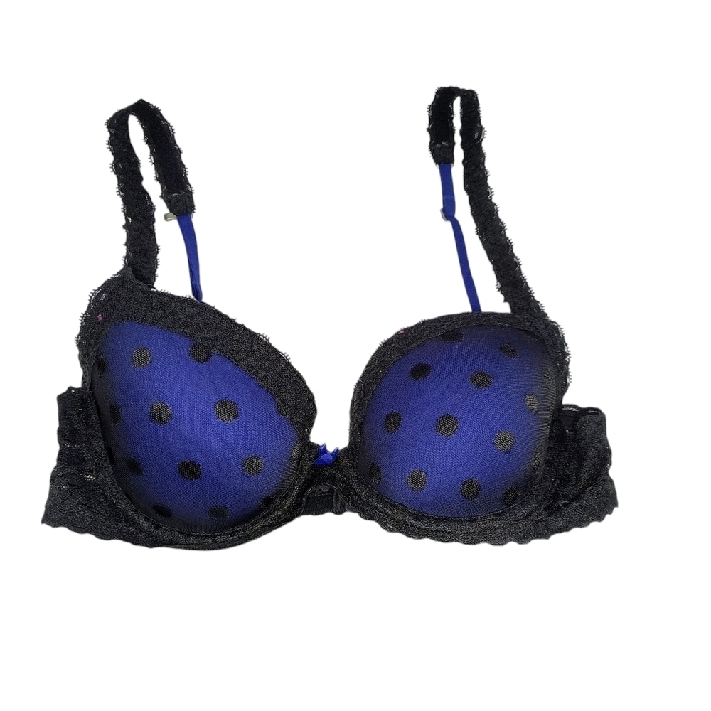 Victoria's Secret PINK Elegant Black and Blue Polka Dot Lace Wing Demi Bra, 34B